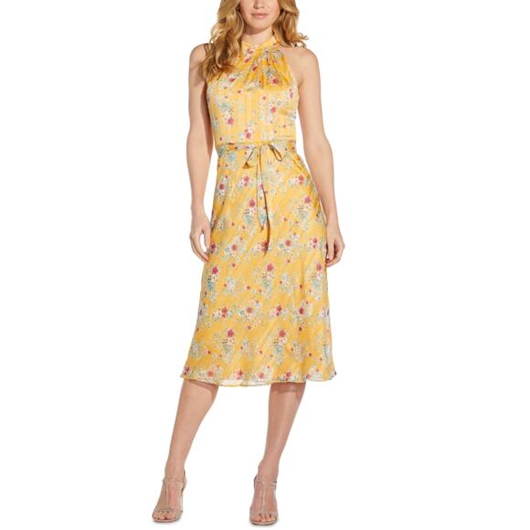 Adrianna Papell Colorful Floral Print Chiffon A-Line Midi Dress Yellow Size 12 - Picture 10 of 11